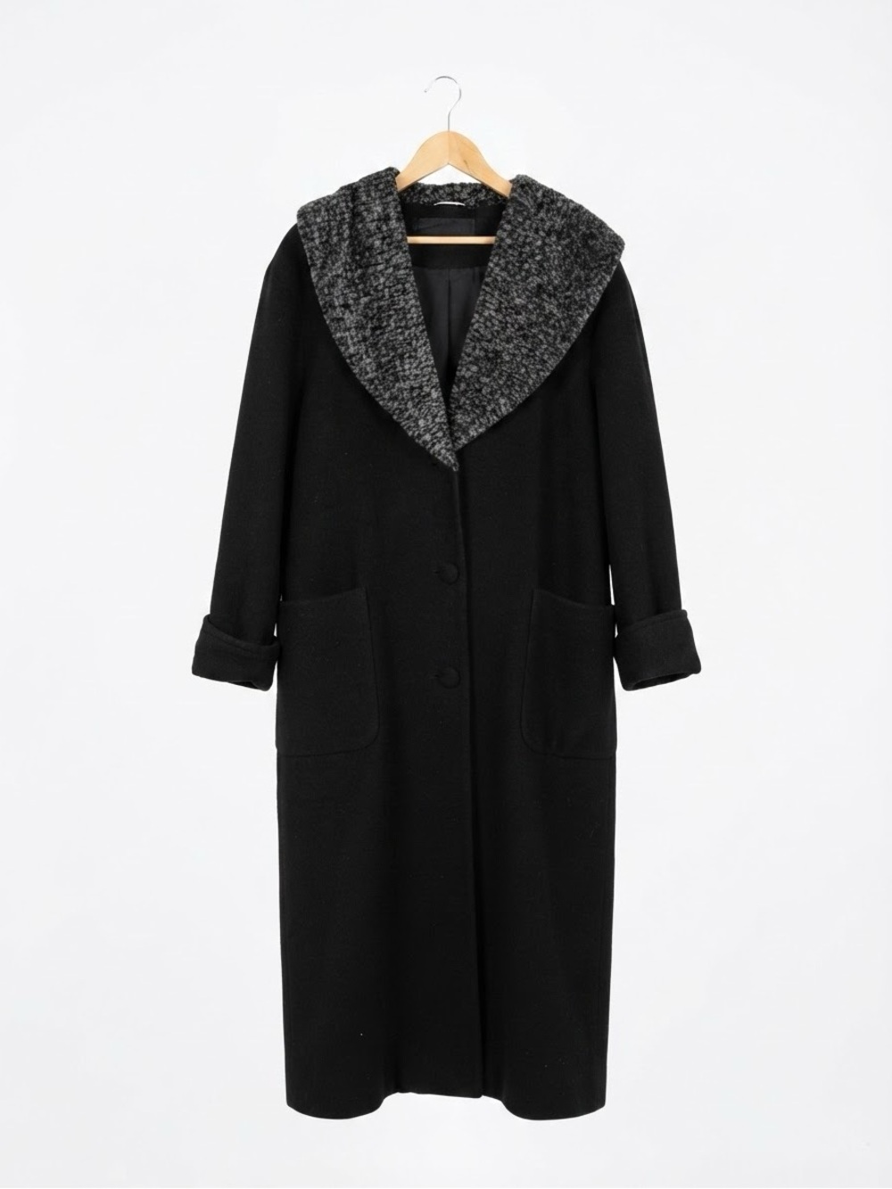 Vintage Charcoal Grey Wool Blend Long Coat Bouclé Shawl Collar Size XXL
